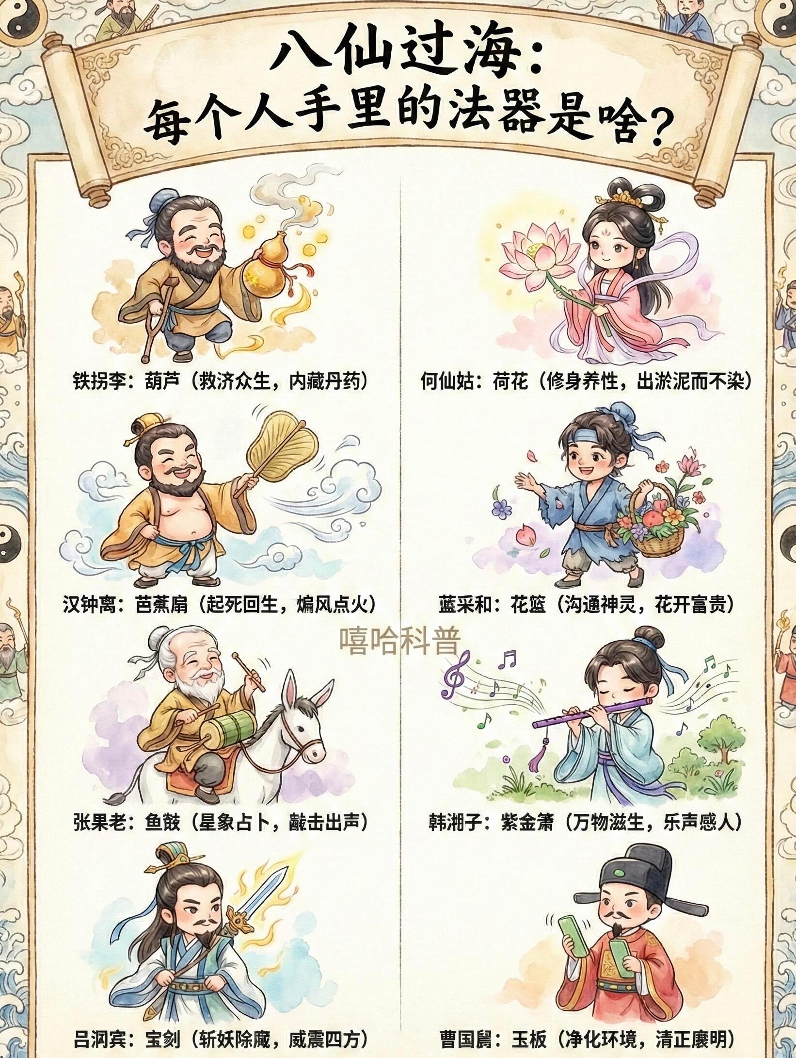 八仙过海：每个人手里的法器是啥？