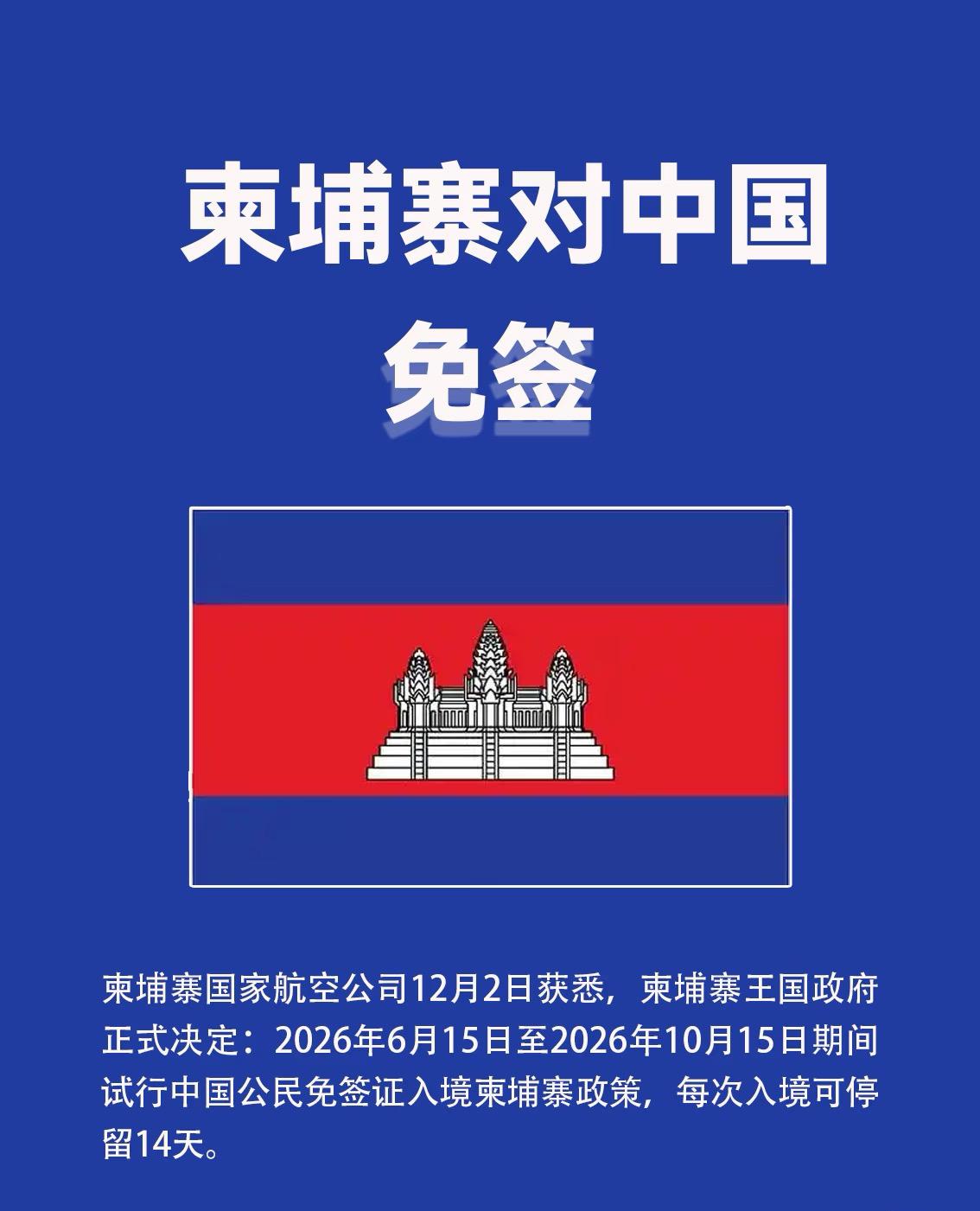 柬埔寨政府决定12月3日，柬埔寨王国政府正式决定，从2026年6月15日到10