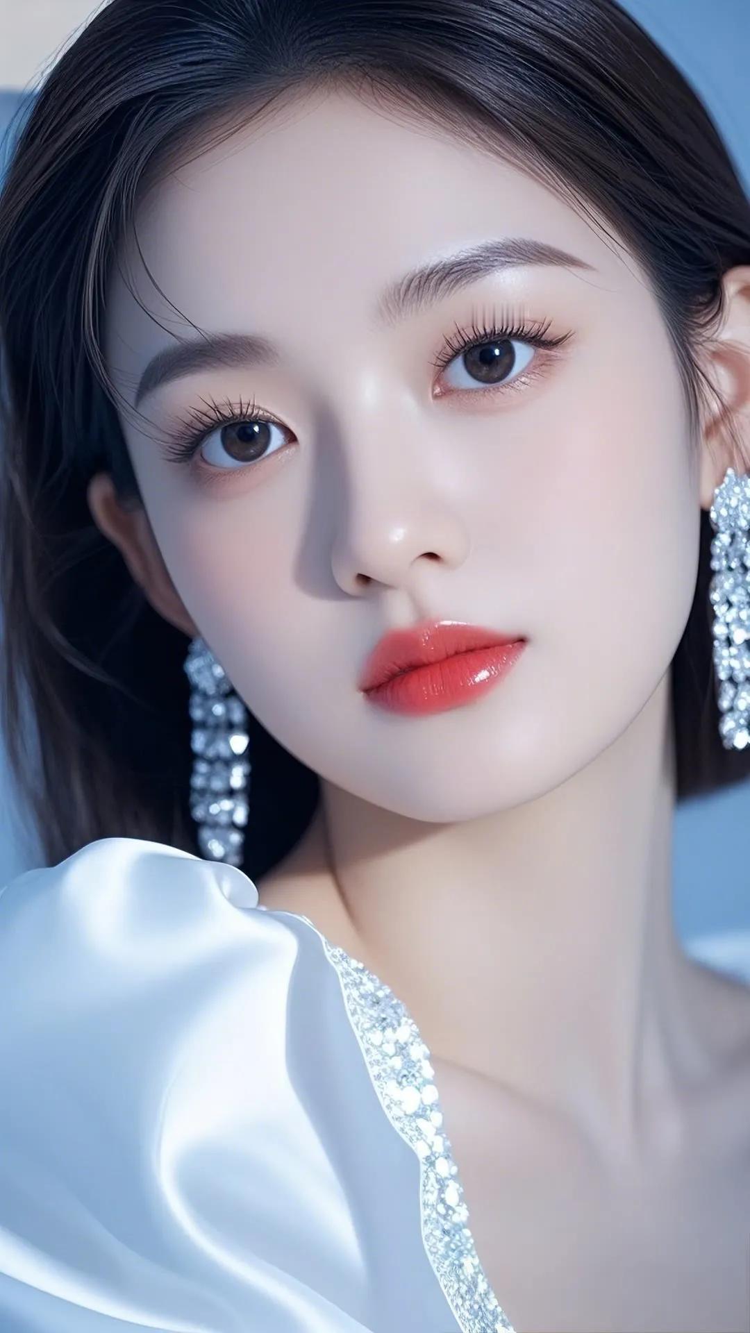 梦幻少女风，精致妆容，闪耀耳环，优雅白纱，红唇诱惑，完美无瑕。