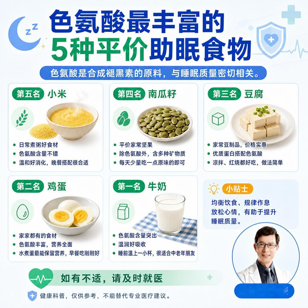 晚上睡得好不好，跟一种叫“色氨酸”的营养成分有关，它是合成褪黑素的原料。今天盘点色氨酸最丰富的5种食