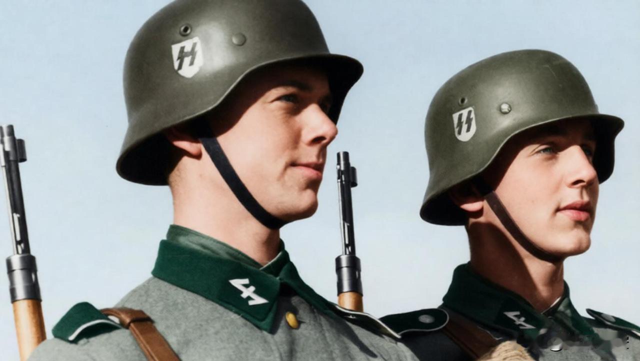 图为两名来自武装党卫军第34“尼德兰国土风暴”志愿掷弹兵师的士兵，注意他们领章上