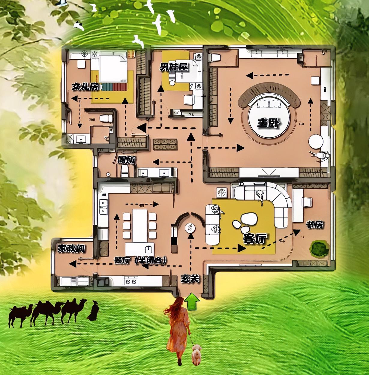 我观这户型骨骼惊奇，很适合大美女，凭二米梦幻大圆床，稳坐大平层第一的节奏！1