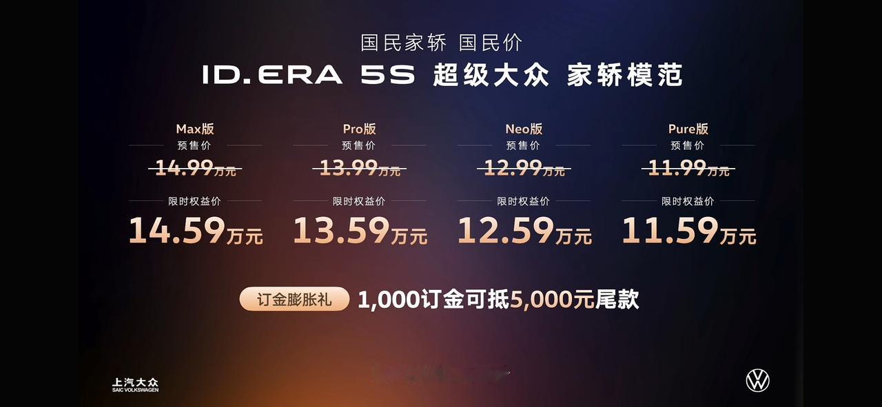 上汽大众ID.ERA5S预售价格出来了11.59万起，要做“新能源时代的朗逸”