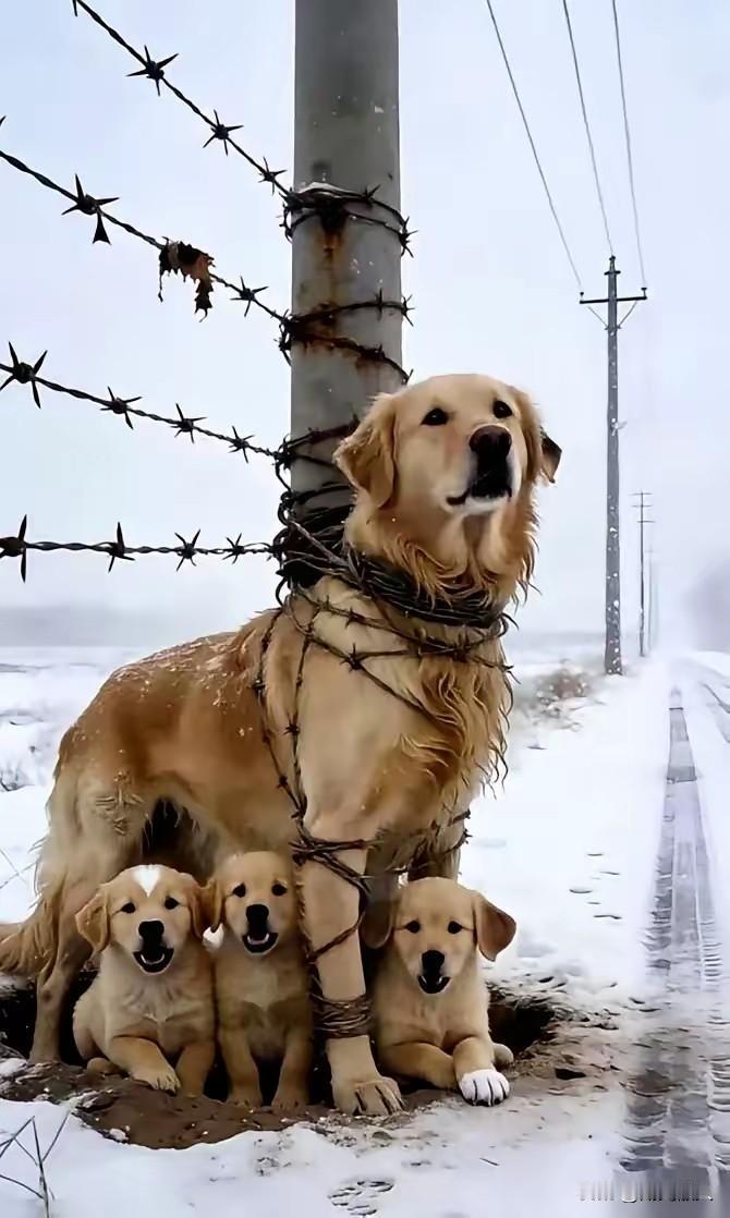 没有犹豫，主人的儿子把它们母子四狗栓在路边的电线杆上狠心离开。望着渐渐远去的车