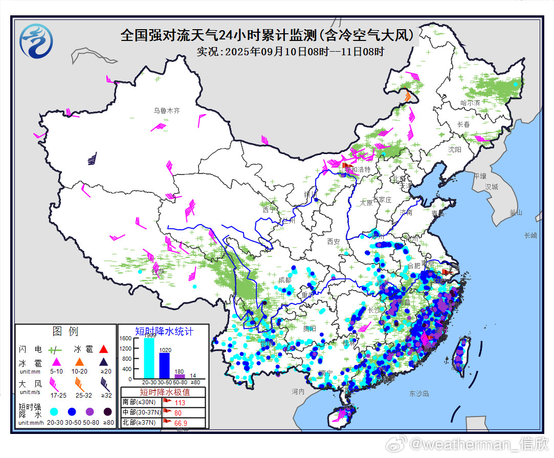 【强降雨和强对流】昨天到今晨，南方出现大量分散的对流降雨，另外从四川盆地-黄淮一