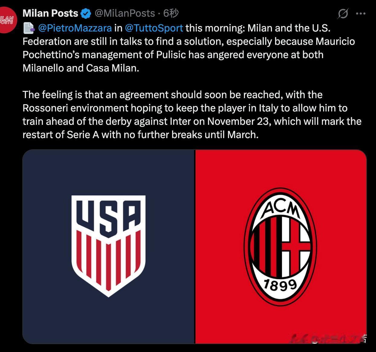 美国国家队要反悔？美国足协与米兰的谈判并没有结束，之前美国国家队主教练波切蒂诺答