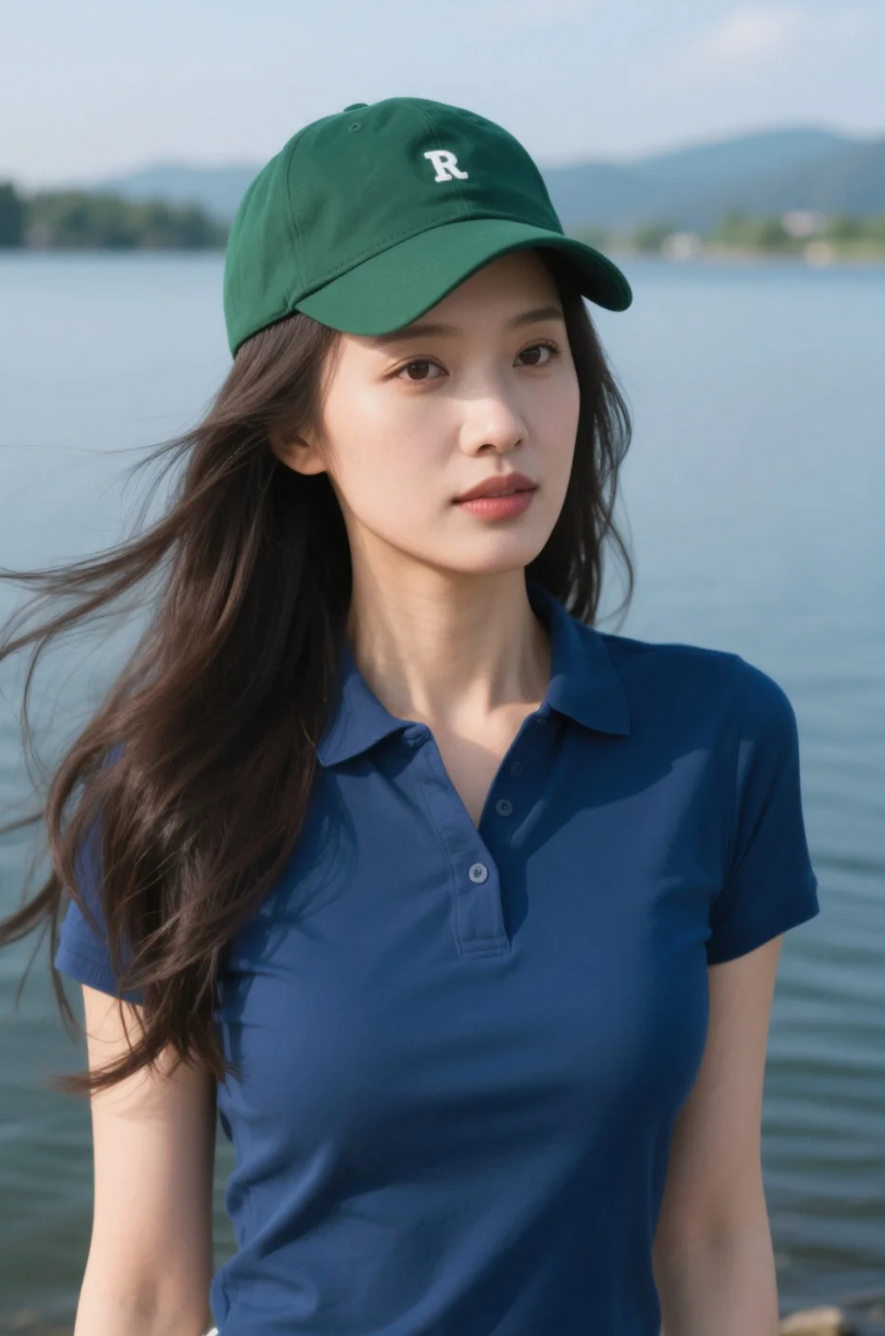 墨蓝配湖蓝，人与景融成一幅冷色调大片