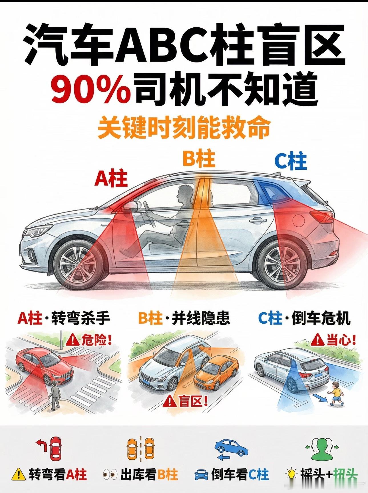 驾驶安全小提示：A柱盲区大，开车时不妨主动“摇头晃脑”——把遮挡物“挪”出视线，