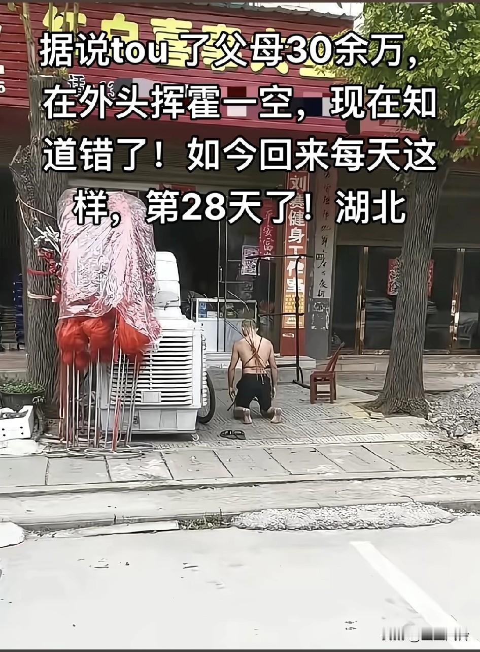 据说偷了父母30万在外面挥霍一空，现在知道错了，如今回来每天背着荆条跪在门口跪