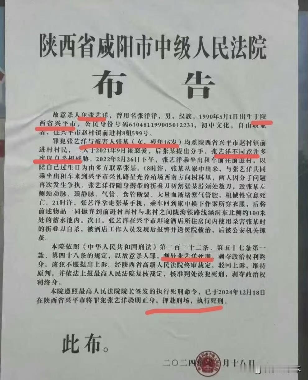 艺人张艺洋杀害16岁女友被执行死刑！张艺洋：男，1990年5月出生，案发时31岁