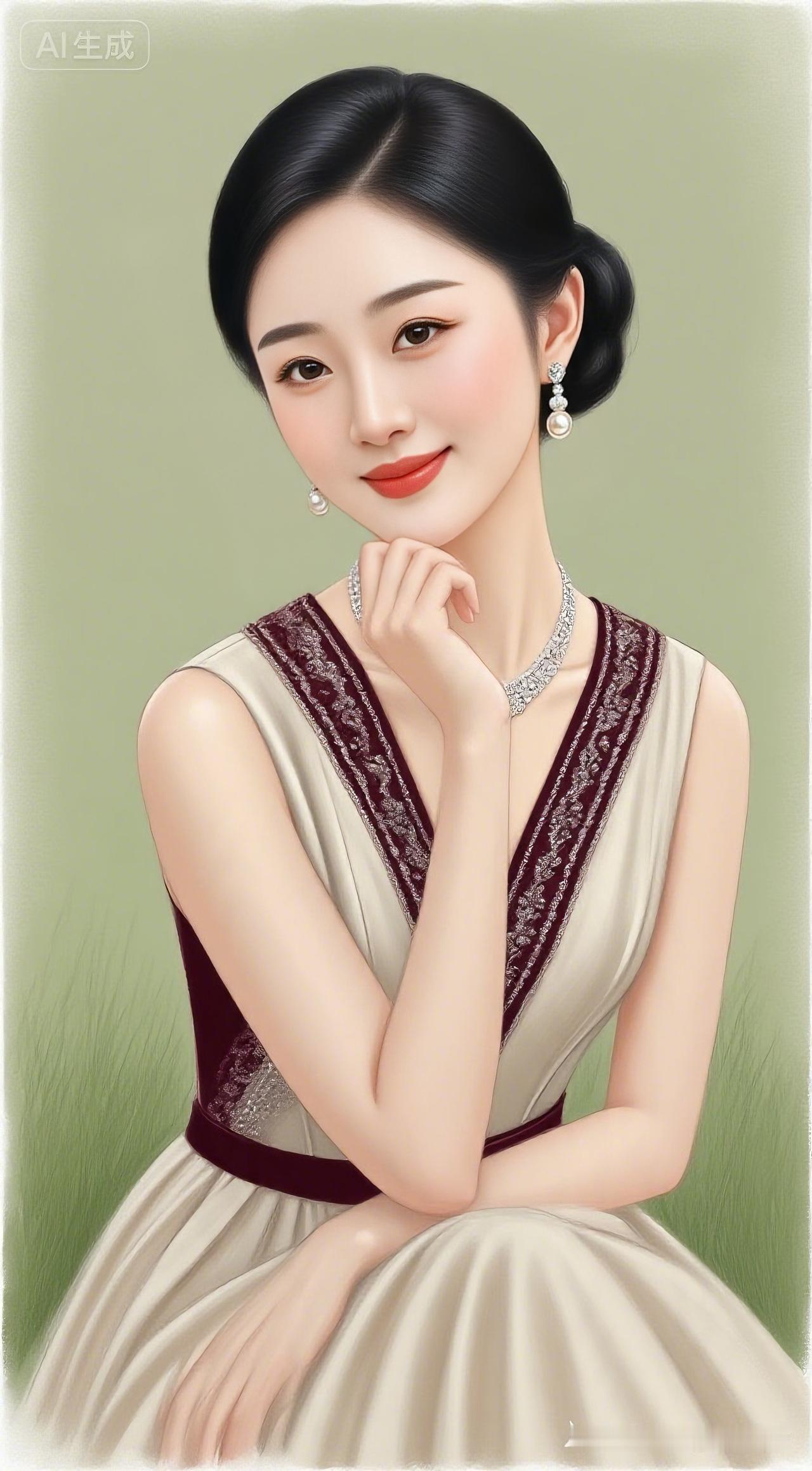 温婉佳人黑发盘起气质柔，珍珠耳饰衬明眸。银链绕颈添雅致，酒红镶边礼服优。