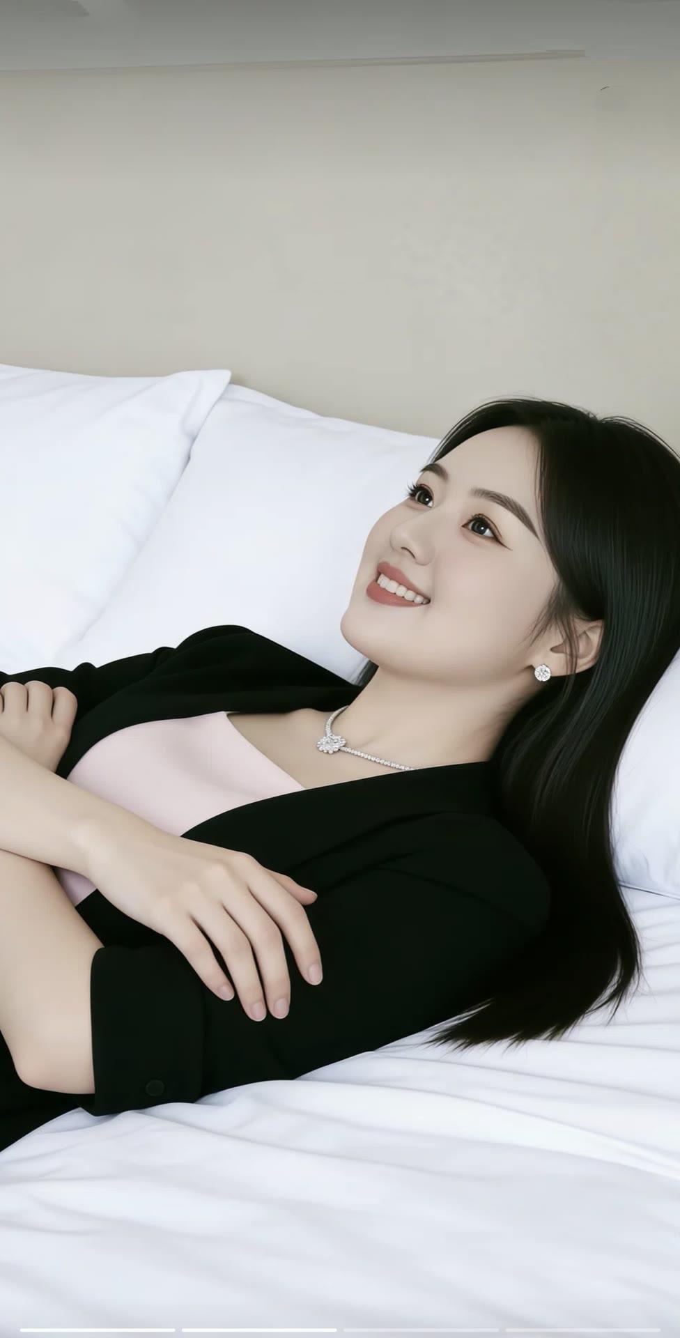 优雅黑裙搭配珍珠项链，笑靥如花，尽显迷人魅力。