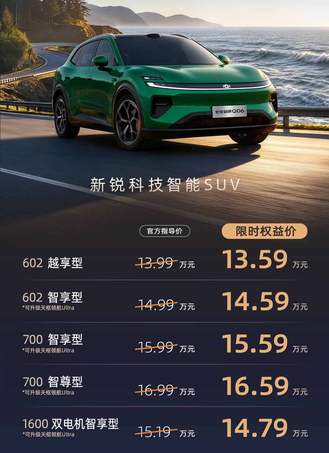 13.59~16.59万，长安启源Q06终于上市了！纯电602km-13.