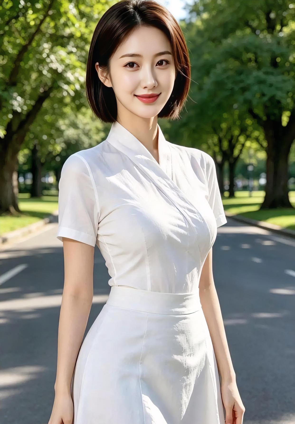树影筛下阳光，白裙轻轻发亮。短发别着风，笑意温温柔柔淌。路很长，