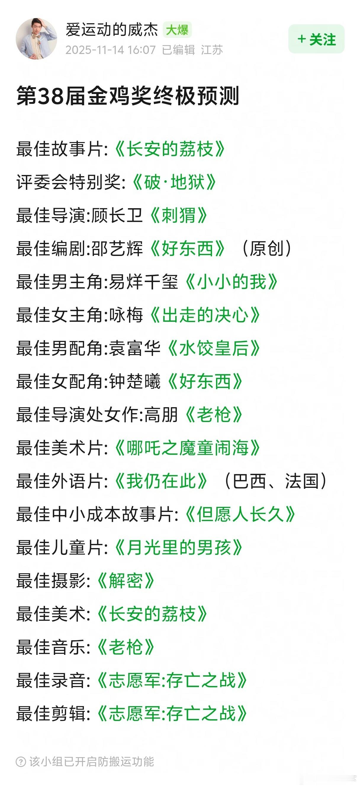 金鸡奖另一个票组预测的名单，目前貌似也都对上了