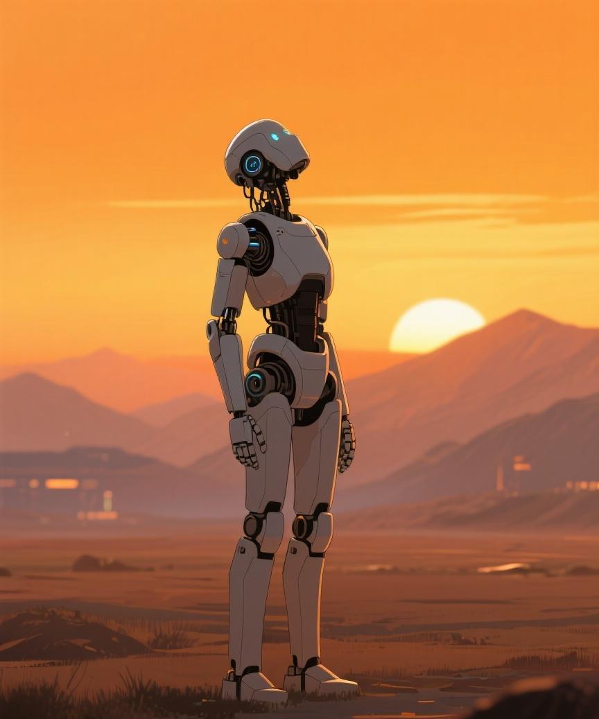 #AI妙生图#夕阳下，机械身躯伫立荒野，它在思索，是孤独，还是等待未知的邂逅？