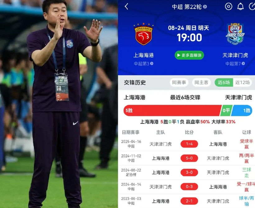 现在压力来到了天津队的于指导这边，如果明天津门虎再战略性轮换输给海港，估计又要陷