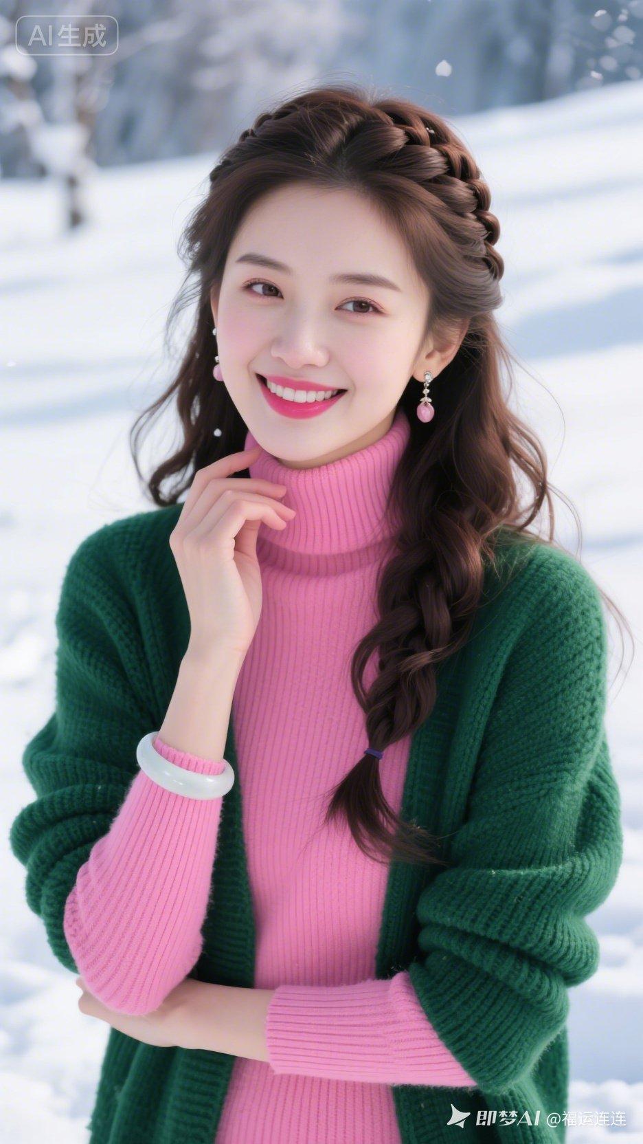 绝色冷白皮美人，鹅蛋脸艳丽妩媚，粉唇含笑温婉清甜。黑棕长发微卷，侧边细辫藏于耳后