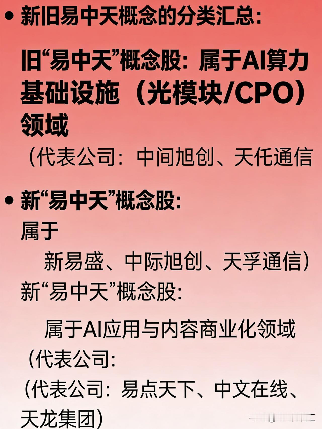 “新旧易中天概念股”的分类汇总：旧“易中天”概念股：属于AI算力基础设施（