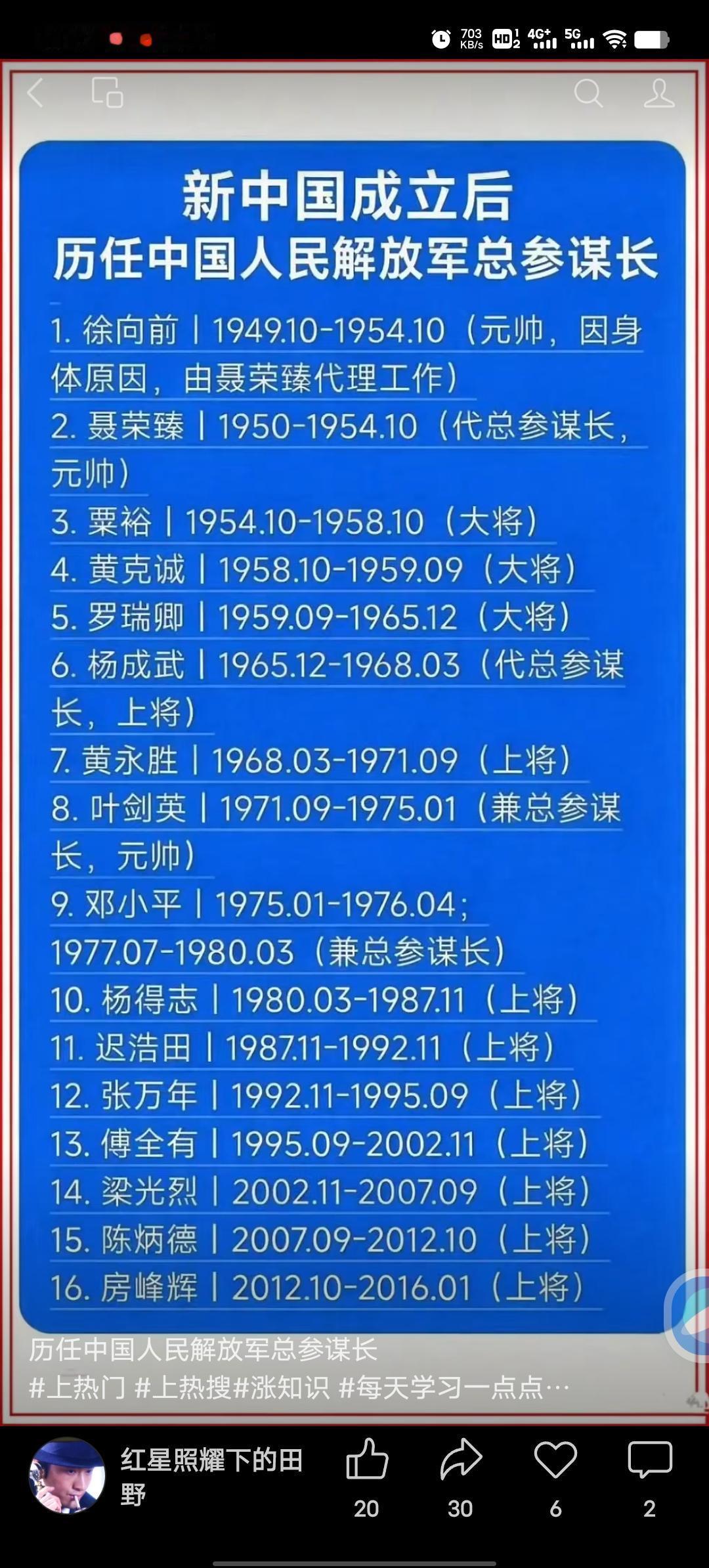 整理了下新中国成立后到军改前的历任总参谋长履历，好多细节之前看史料的时候都觉得特