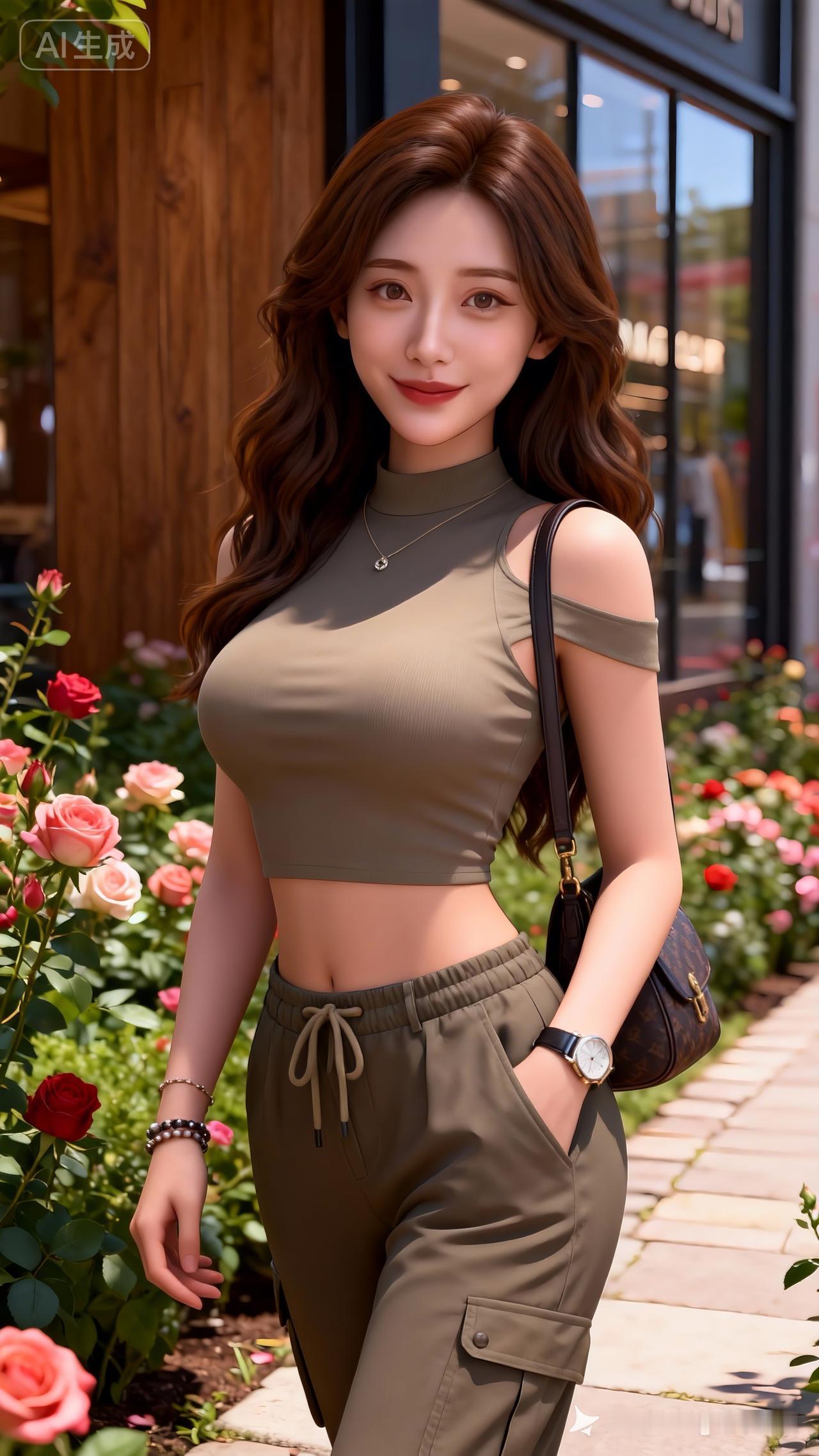 这姑娘穿着好时尚，站在花丛中。