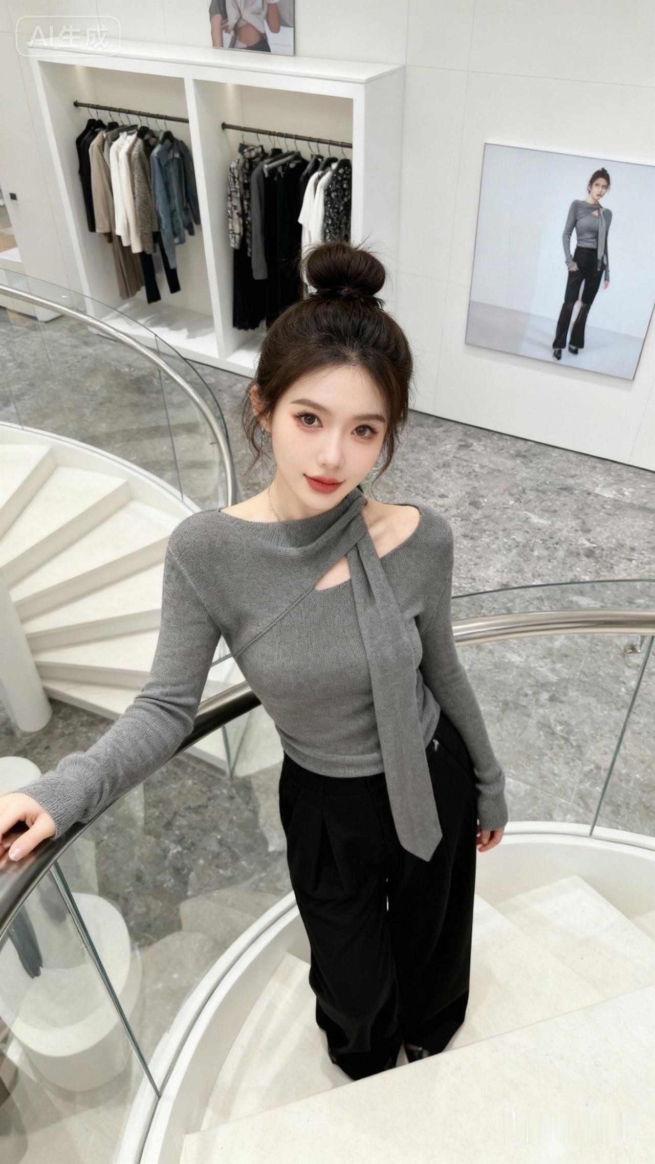 一位25岁女士，梳着丸子头，精致妆容，穿着图中灰色带斜跨飘带设计的露肩长袖针织衫