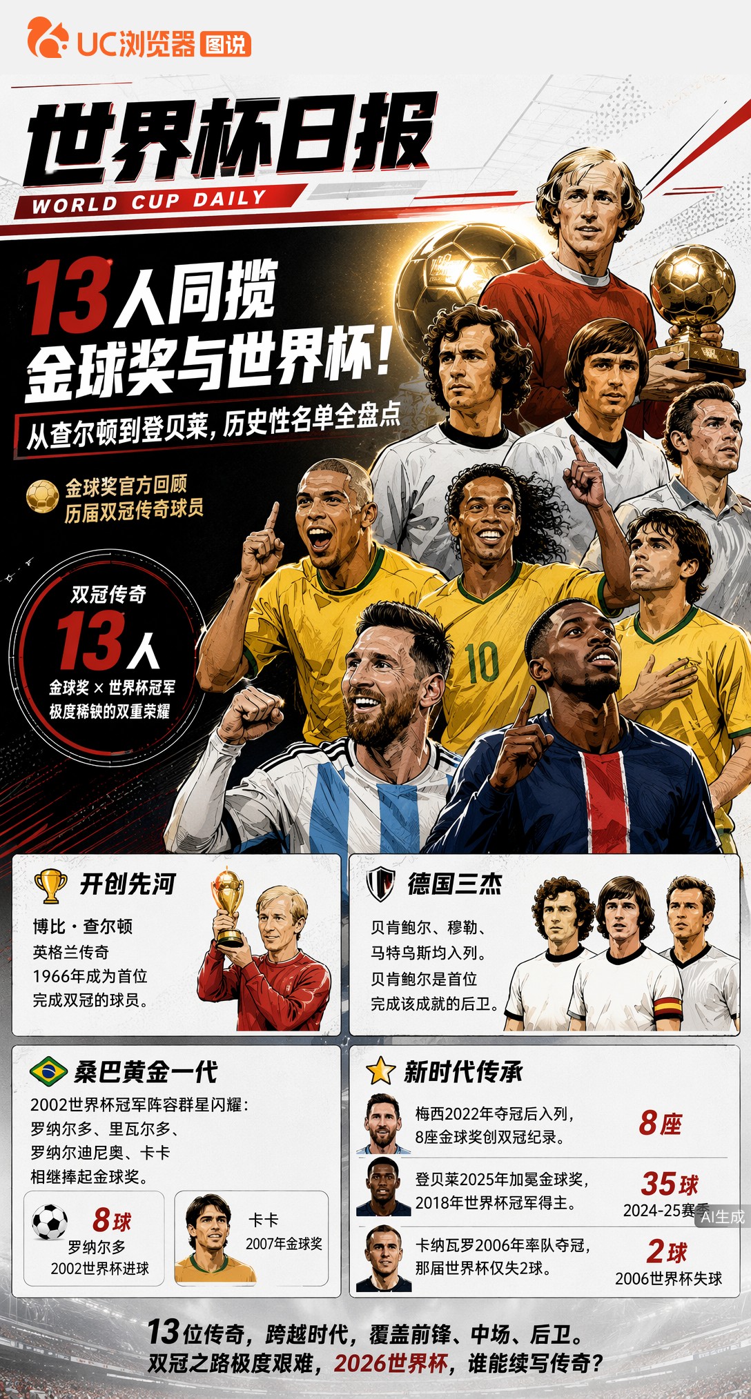 13人同揽金球奖与世界杯！从查尔顿到登贝莱，历史性名单全盘点