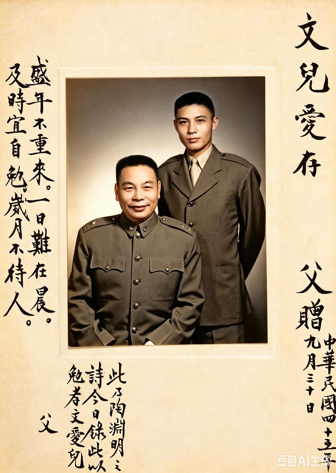 这是蒋建丰与长子蒋孝文在一起。这也是非常罕见的蒋建丰穿军装的一张照片。此时，蒋建