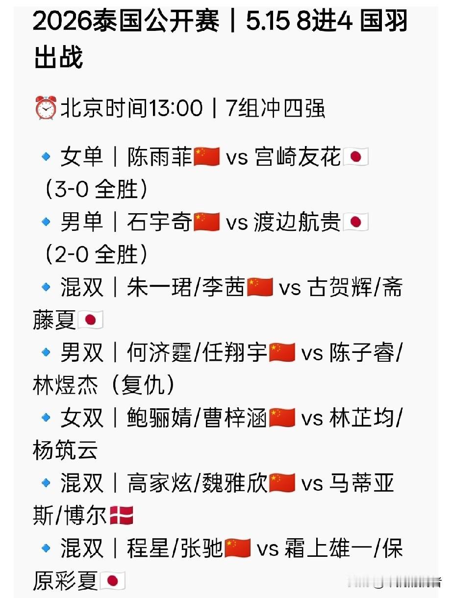 羽毛球泰国公开赛8进4｜国羽7组全力冲四强下午13:00开战！今天又是抗日
