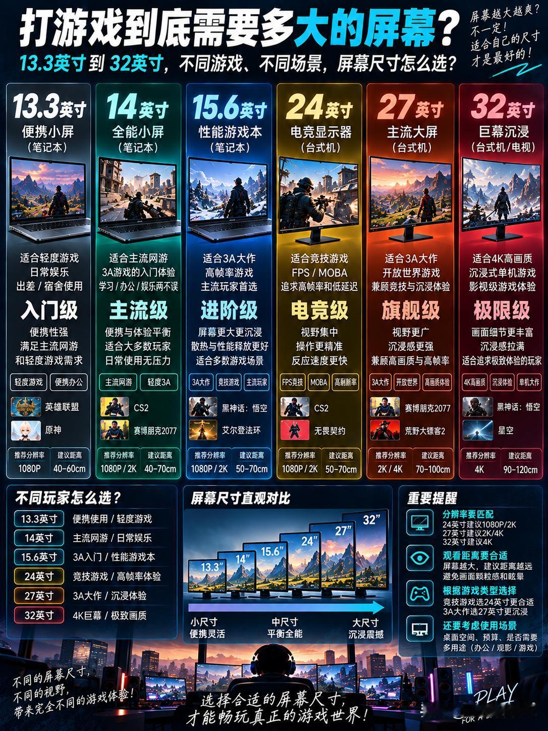 打游戏到底需要多大的屏幕？一图给你讲清楚。很多人买游戏本、显示器，总觉得“屏