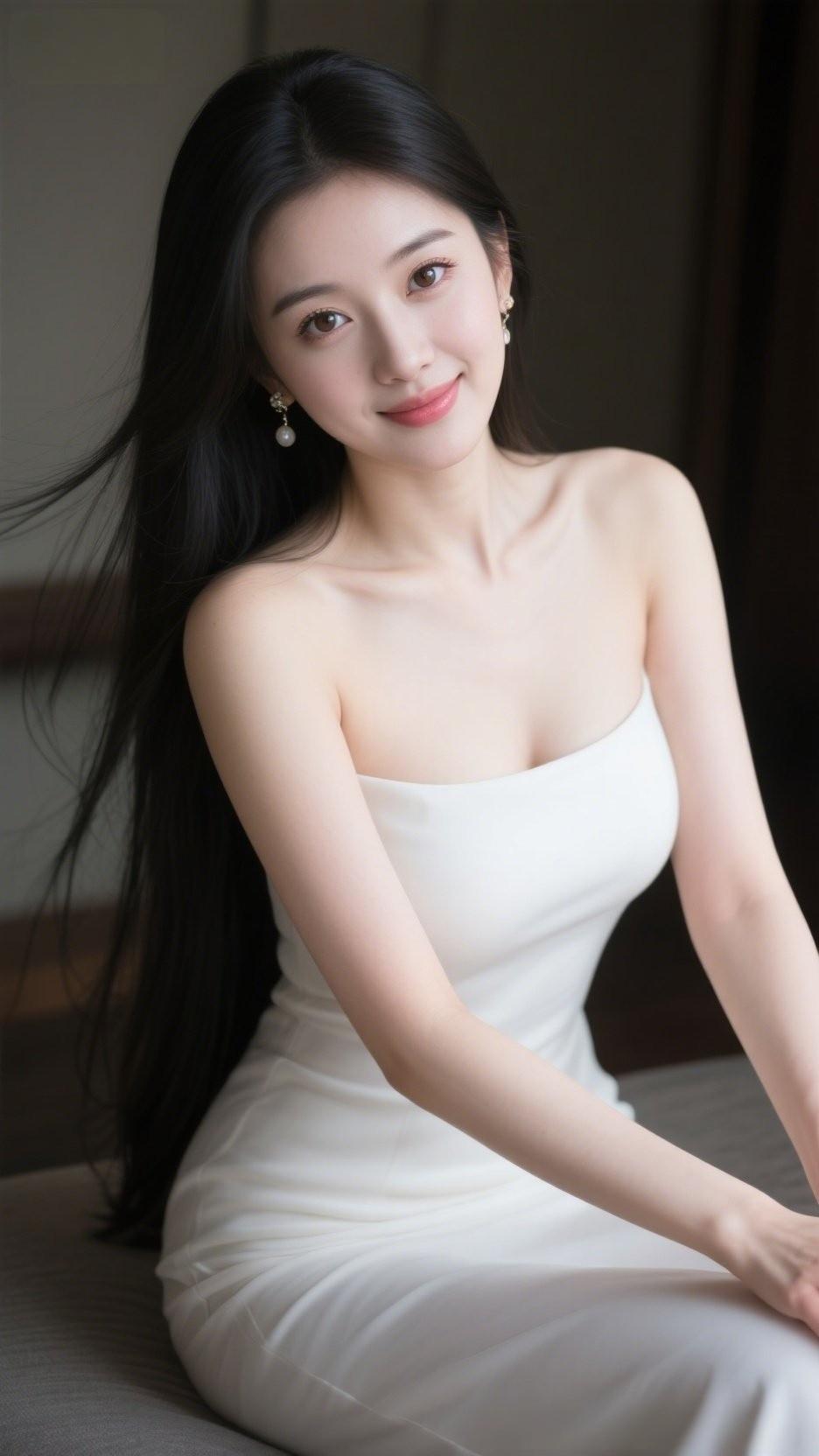 长发如瀑，白裙温柔，在光影里漾着干净的笑意。不施浓墨重彩，却自带清透的氛围感，是
