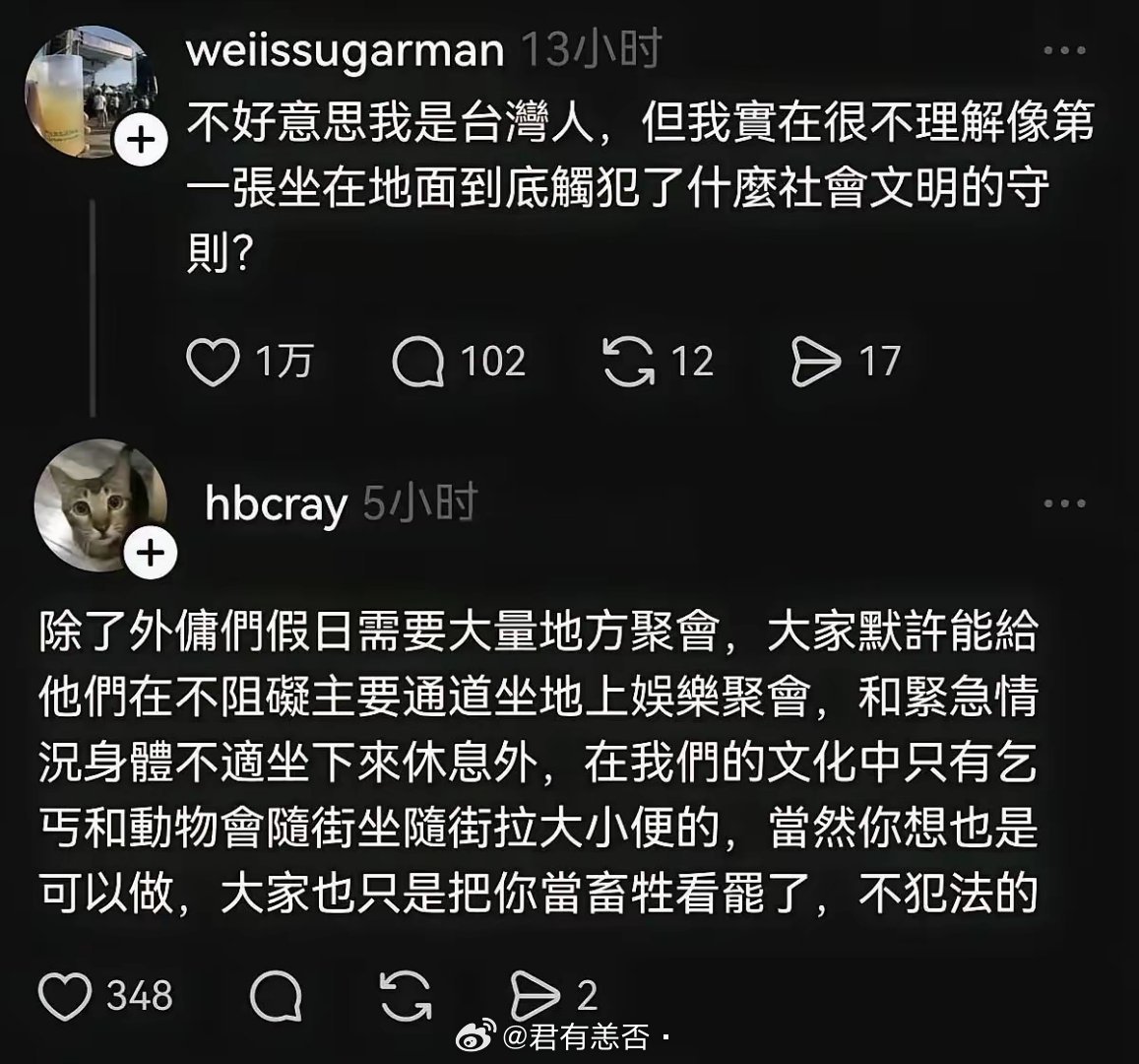 香港网友发文调侃内地游客在香港街头不雅行为，特有的蹲坐习惯，在香港只有外劳会席地