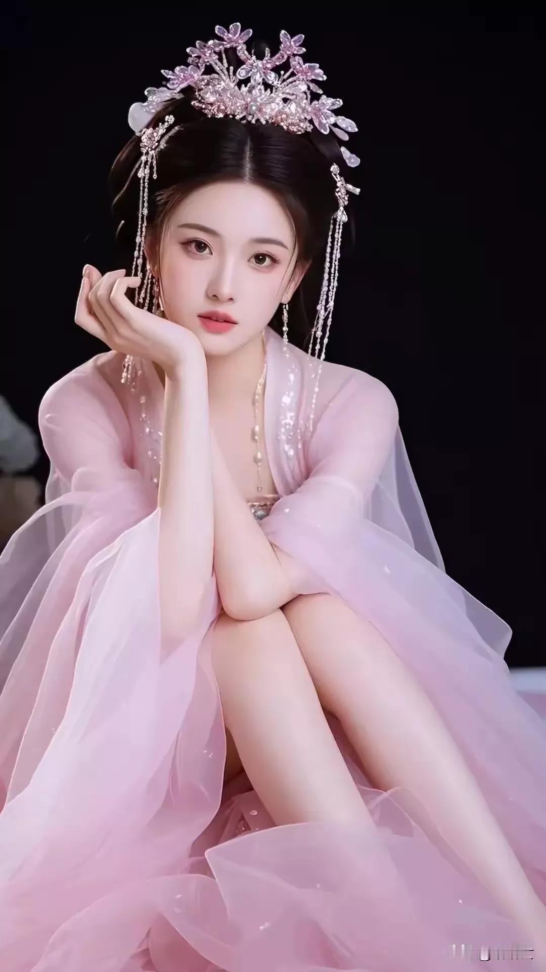 梦幻古风少女，粉色华服与精致发饰相得益彰，宛如画中仙子。