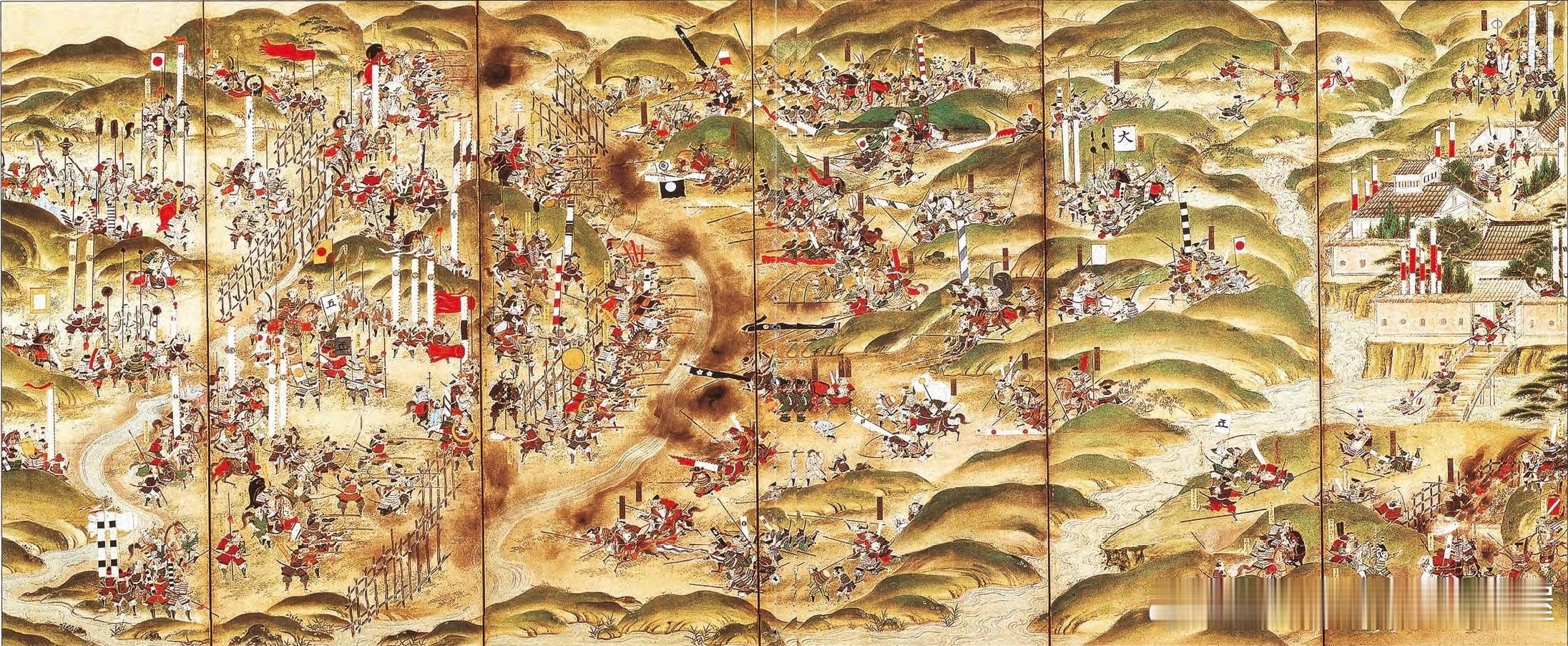日本屏风画-1575年6月28日长篠之战，织田信长和德川家康联军以铁炮大破武田家