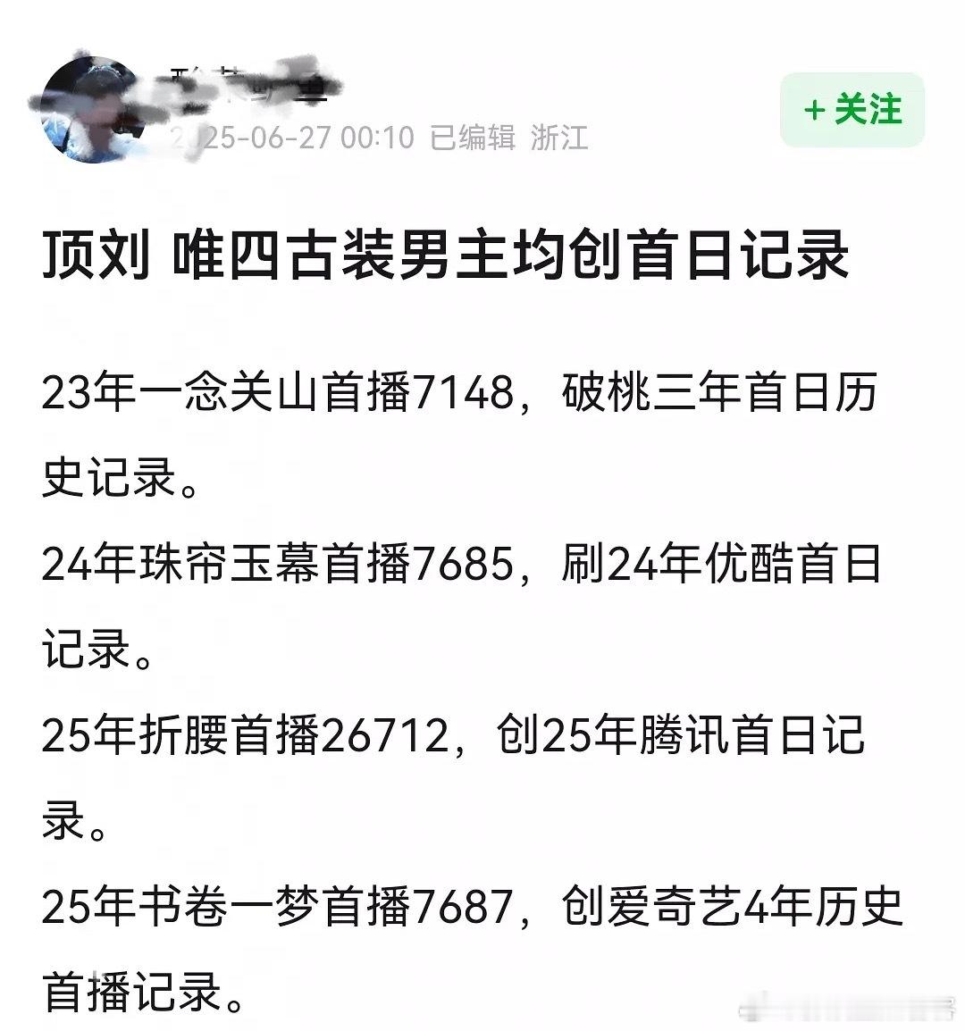 这张图的压迫感谁懂啊刘宇宁一念关山、珠帘玉幕、折腰、书卷一梦热度均创首日记录👏