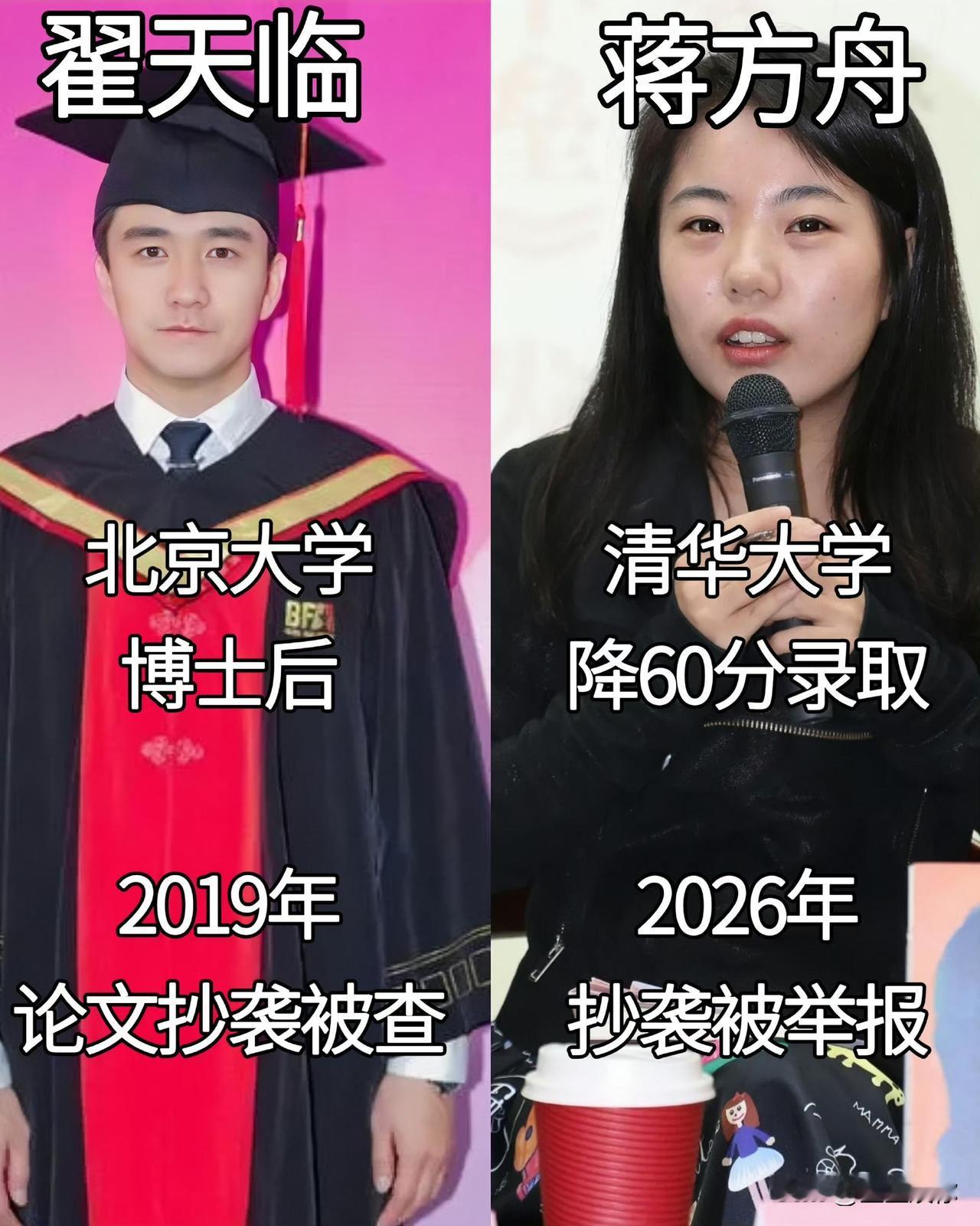 翟天临与蒋方舟放在一起对比格外讽刺，二人都深陷抄袭争议，都顶着顶尖名校光环。翟天