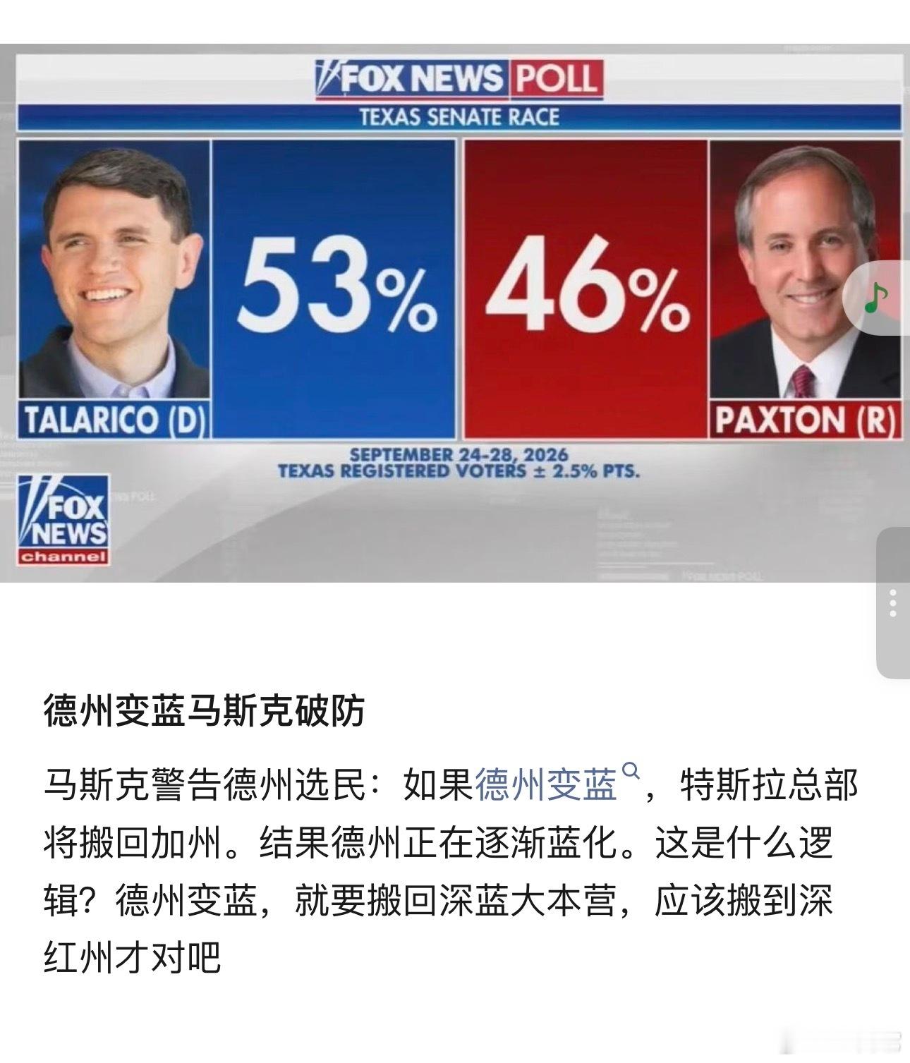 📌马斯克的“逻辑鬼才”时刻：德州若变蓝，特斯拉搬回加州？🔥福克斯新闻（F