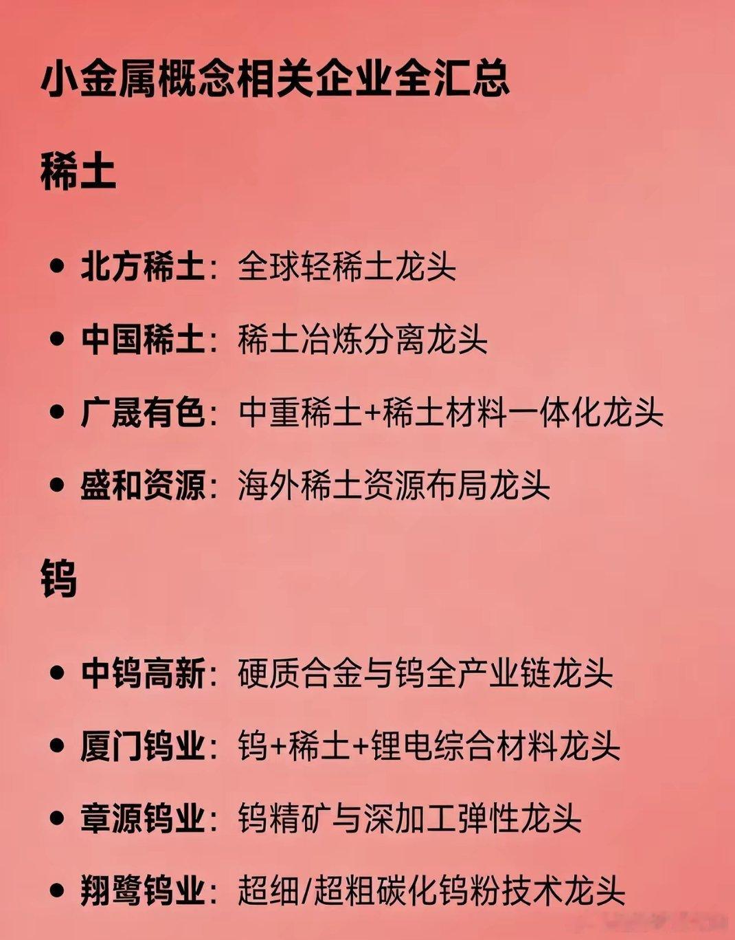 小金属龙头股·精简汇总稀土-北方稀土：轻稀土龙头-中国稀土：冶炼分离龙头-