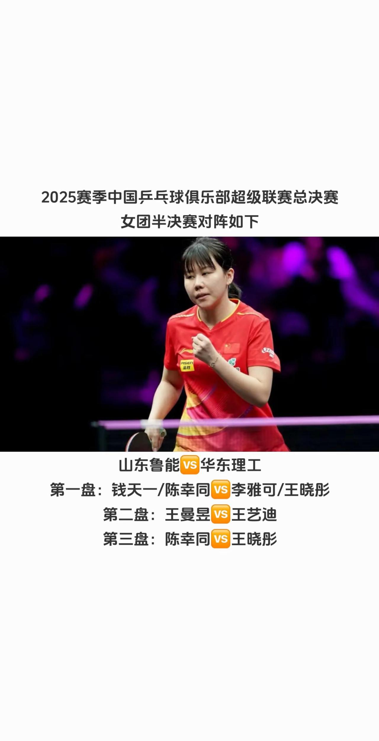 2025乒超总决赛女团半决赛对阵如下。山东鲁能🆚华东理工大学第一盘：钱天一/陈