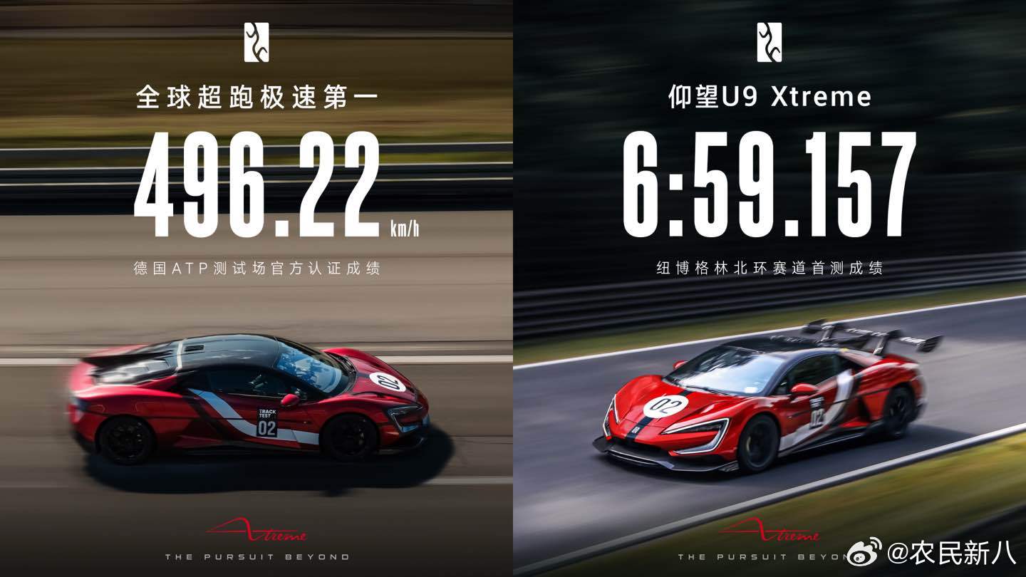 仰望U9Xtreme刷榜全球！496.22km/h极速+纽北6分59秒，中国超