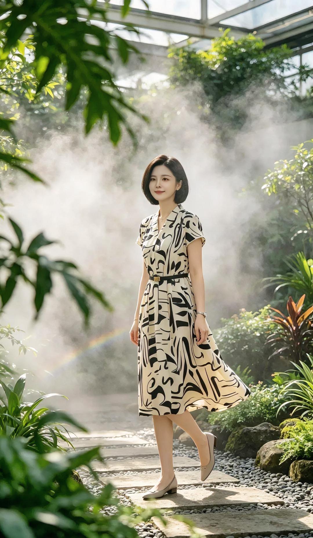 雾气轻绕绿意，裙摆沾着光粒。短发迎风微扬，彩虹在脚下隐匿。一步一