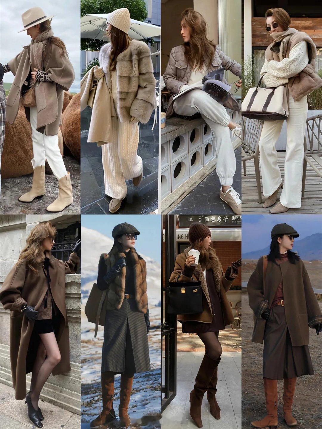 降温这么穿，温暖时髦全都有！这一组很适合怕冷的姐妹们，宽松的皮毛一体外套搭配直筒