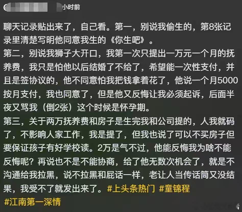 童锦程私生子曝光，被女方索要220万抚养费，聊天记录信息量太大童锦程