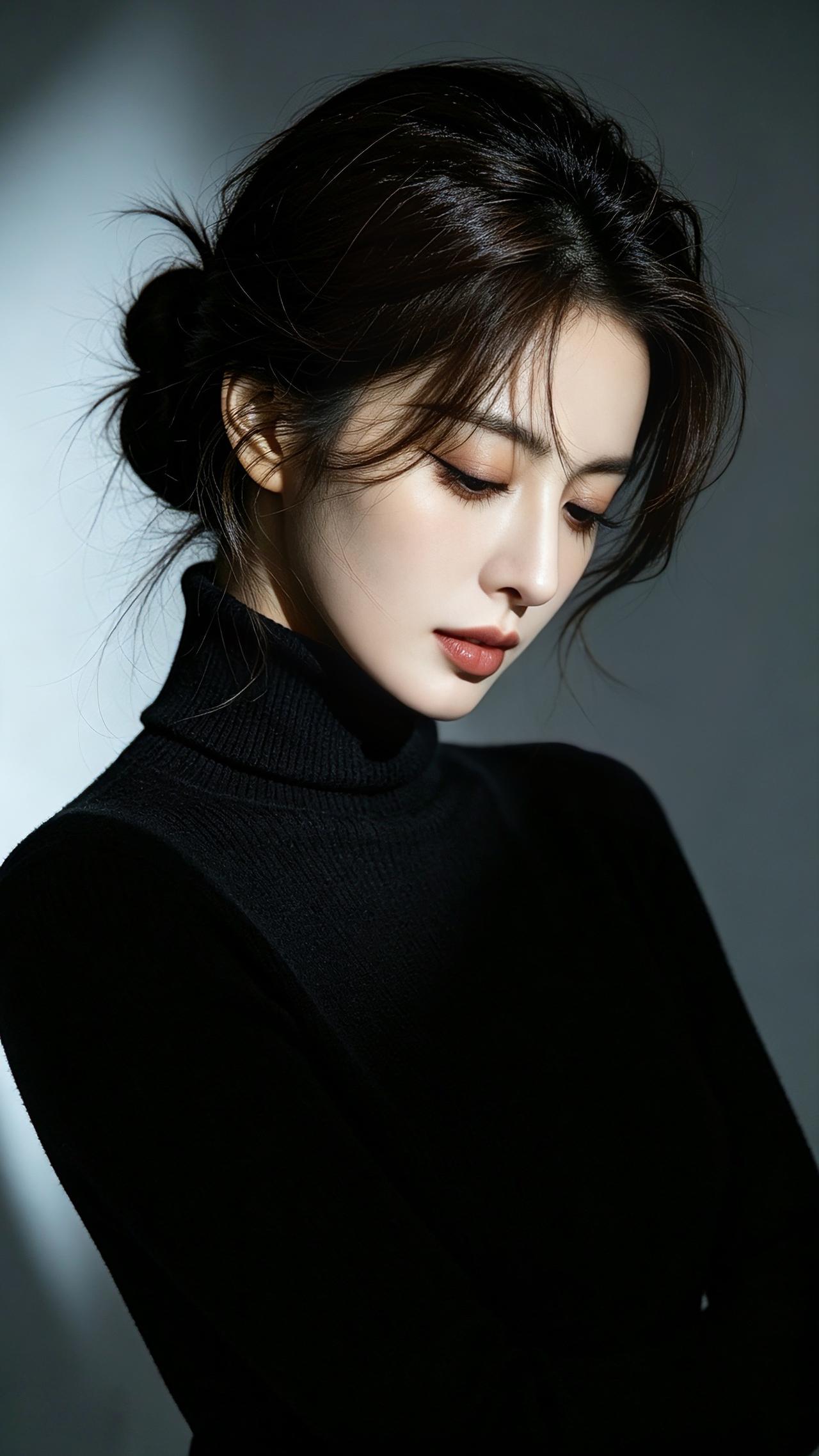 黑衣如墨，几缕碎发轻拂脸庞。光影切割出绝美侧颜，她低眉浅笑间，清冷与温柔奇妙交融