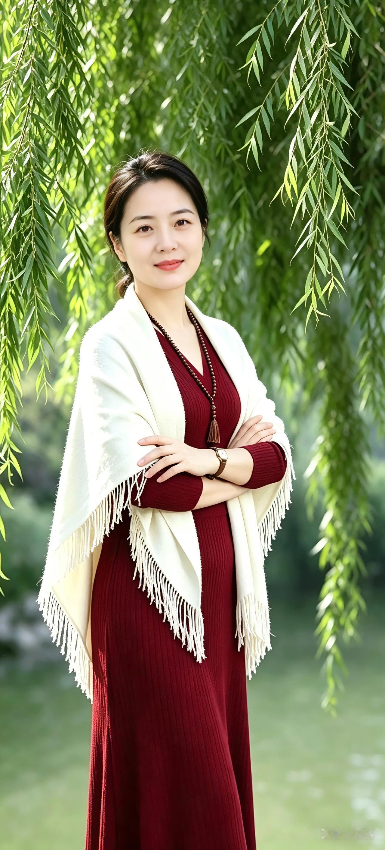 打油诗·寻缘垂柳依依映碧塘，红裙披毯气端庄。静看流水意安详，半生从容