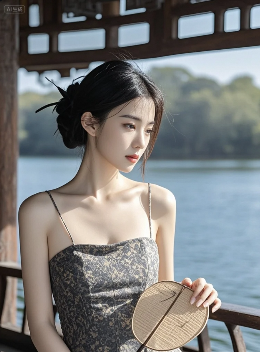 她站在湖边，像一幅会呼吸的水墨