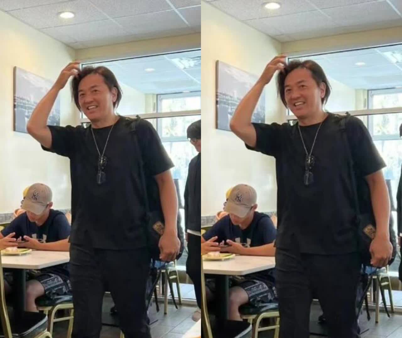 郑伊健居然胖成这样了？最近有网友在某餐厅偶遇郑伊健，他穿着黑色短袖，下搭紧身裤，