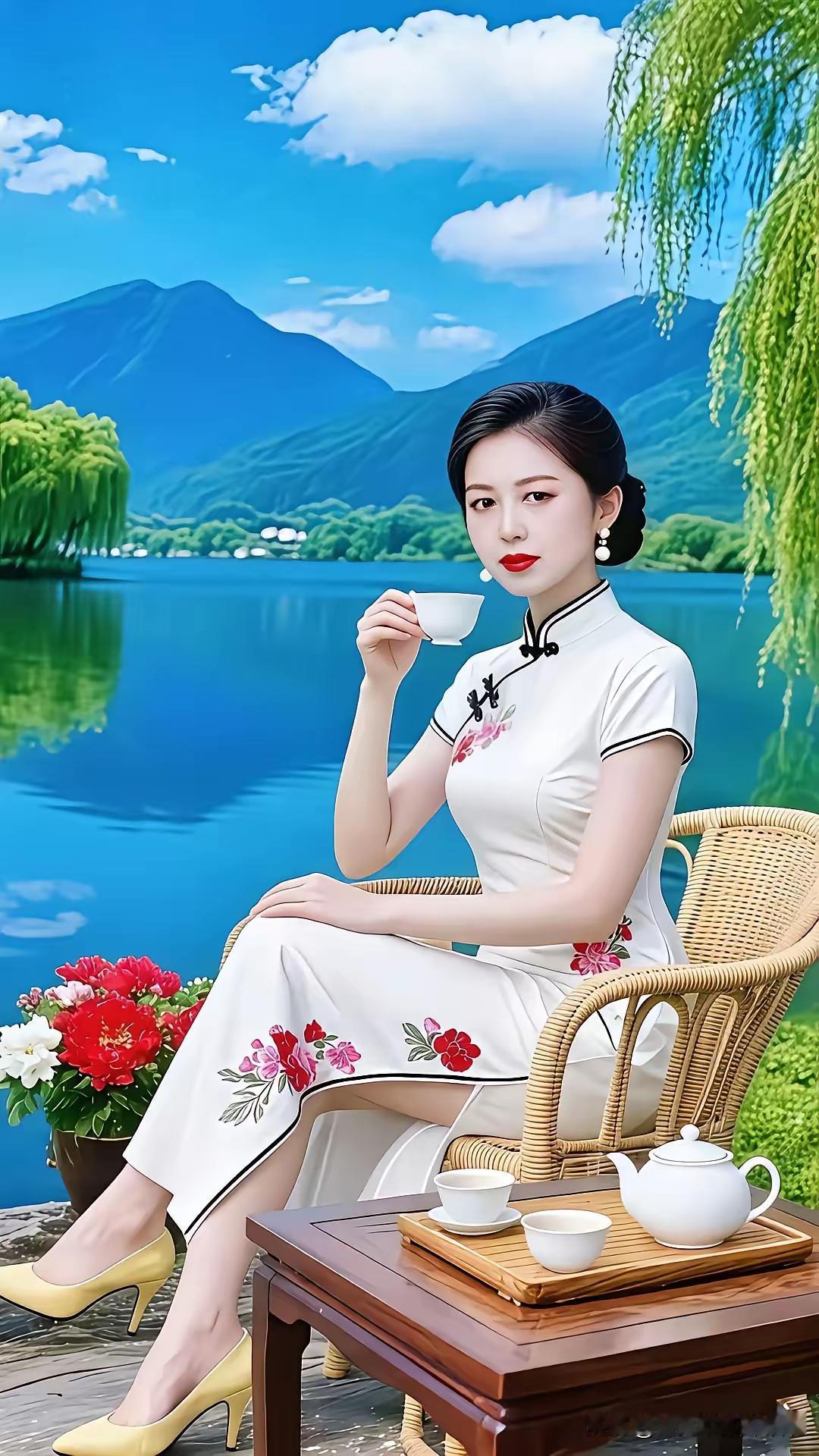 塞鸿秋·湖边茶韵湖光潋滟霞晖沐，佳人闲坐烹香茗。柔风翠柳相为伴，白鸥掠