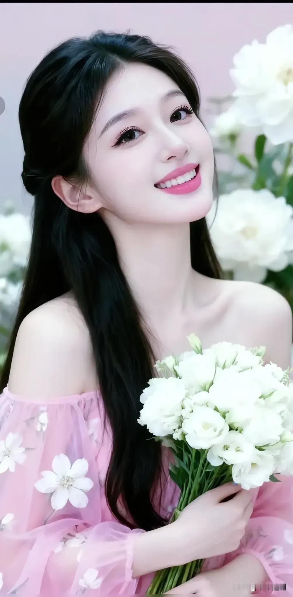 🌸粉纱裙装缀满白花，怀抱一束清新的白桔梗，在温柔的粉调背景里，笑意甜得像浸了