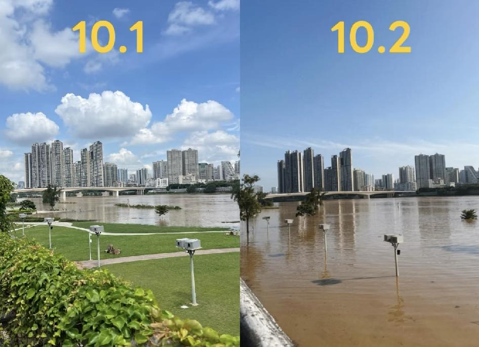 10月2日，南宁邕江水位。上一年被淹的绿化球场等等感觉才刚刚恢复没多久，一